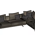 Modern Beige Fabric Sectional Sofa With Multiple Throw Pillows And Blanket 3d model