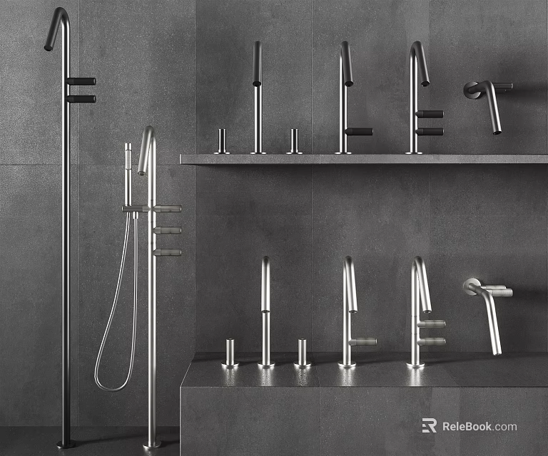 Modern Metal Faucets Display On Gray Wall Shelves With Shower And Basin Taps 3d model 