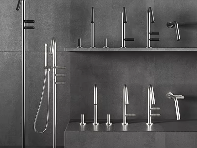 Modern Metal Faucets Display On Gray Wall Shelves With Shower And Basin Taps 3d model