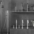 Modern Metal Faucets Display On Gray Wall Shelves With Shower And Basin Taps