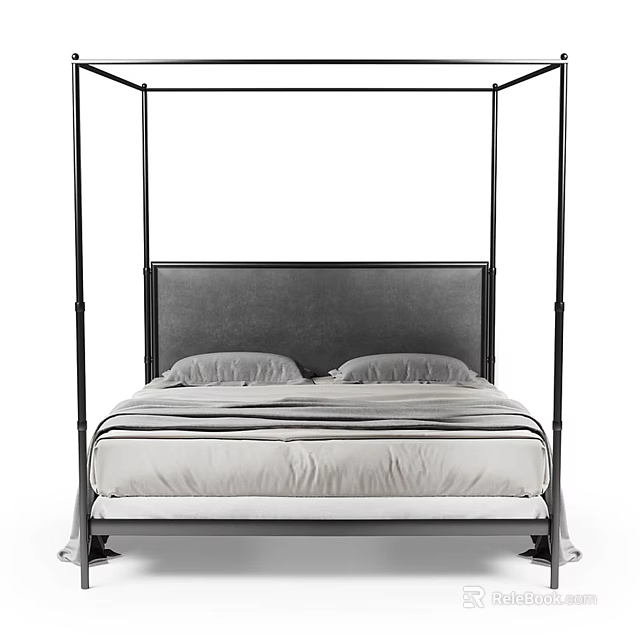 Modern Four Poster Double Bed With Upholstered Headboard And Striped Bed Linens 3d model 