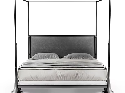 Modern Four Poster Double Bed With Upholstered Headboard And Striped Bed Linens 3d model