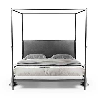Modern Four Poster Double Bed With Upholstered Headboard And Striped Bed Linens 3d model