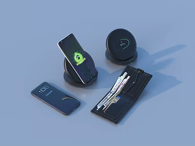 Essential Daily Living Accessories Including Wireless Chargers Smartphones And Pen Case With Pens 3d model