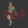 Vibrant Game Character With Long Brown Hair Green Jacket Red Radio And Colorful Music Notes