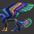 Colorful Mythical Creature Statue With Blue Body Green Purple Feathers And Vibrant Wings