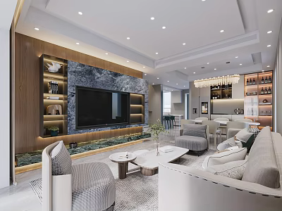 Modern Living and Dining Room Interior With Stone TV Wall Sofa and Chandelier 3d model