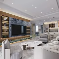 Modern Living and Dining Room Interior With Stone TV Wall Sofa and Chandelier