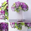 White Vase with Purple Roses and Green Leaves for Elegant Home Decor