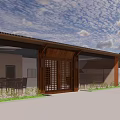 Traditional Architectural Exterior With Wooden Gate Grille And Outdoor Dining Tables