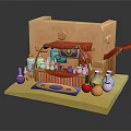 Cartoon Small Shop Scene With Yellow Building Red Awning and Colorful Bottles