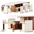 Modern Dining Table Set With White Tabletop Walnut Wood Frame And Upholstered Gold Leg Chairs