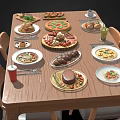 Assorted Food Dishes On Wooden Dining Table With Pizza Pasta Meat And Beverages