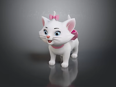 Cute White Cartoon Cat With Pink Bow And Collar Against Gray Background With Reflection 3d model