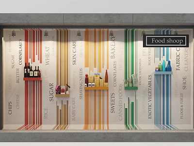 Food Shop Window Display Featuring Colorful Vertical Stripes Food Categories And Shelves With Products 3d model