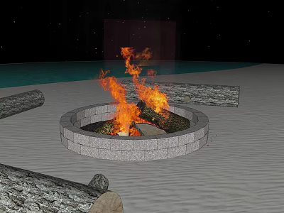 Circular Stone Built Garden Ornament With Burning Fire And Surrounding Logs 3d model