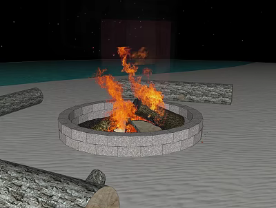 Circular Stone Built Garden Ornament With Burning Fire And Surrounding Logs 3d model