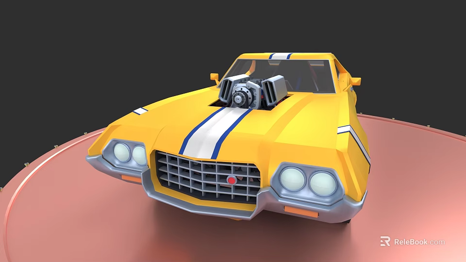 Yellow Vintage Sports Car with White Stripes Exposed Engine and Front Grille 3d model 