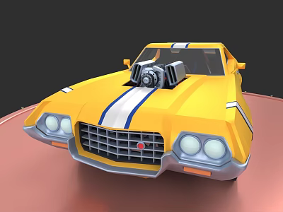 Yellow Vintage Sports Car with White Stripes Exposed Engine and Front Grille 3d model