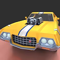 Yellow Vintage Sports Car with White Stripes Exposed Engine and Front Grille