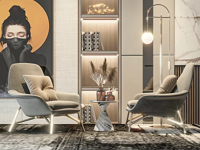 Modern Luxury Interior With Gray Accent Chairs Metal Legs And Side Table Decorations 3d model