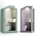 House Shaped Light Green And Gray Compact Bathroom Pods With Toilet Sink And Purple Seat