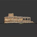 Cartoon Scene of Ancient Architecture Model on Map with Columns Roof Details and Structure