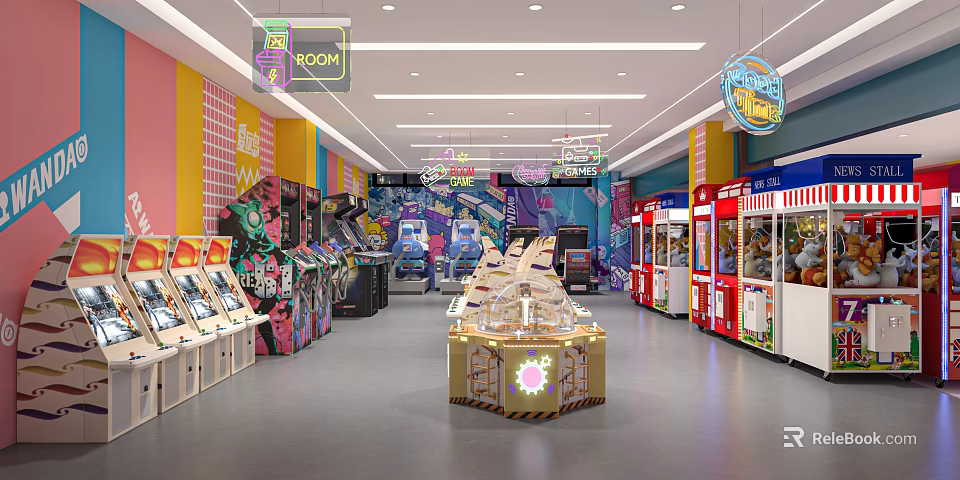 Indoor Amusement Arcade With Colorful Walls Game Machines And Claw Machines 3d model 