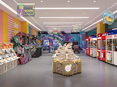 Indoor Amusement Arcade With Colorful Walls Game Machines And Claw Machines 3d model