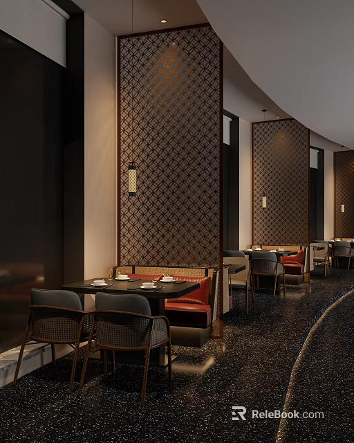 Elegant Restaurant Interior With Patterned Wall Panels Comfortable Seating And Ambient Lighting 3d model 