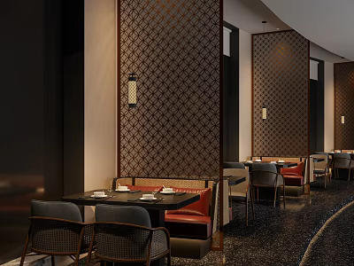 Elegant Restaurant Interior With Patterned Wall Panels Comfortable Seating And Ambient Lighting 3d model