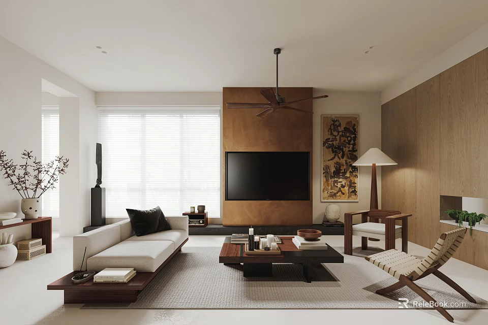 Modern Living Room Interior With White Sofa Wooden TV Wall Ceiling Fan And Window Blinds 3d model 