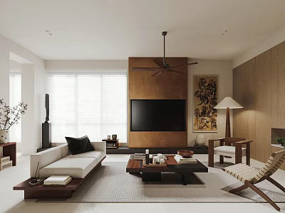 Modern Living Room Interior With White Sofa Wooden TV Wall Ceiling Fan And Window Blinds 3d model