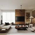 Modern Living Room Interior With White Sofa Wooden TV Wall Ceiling Fan And Window Blinds