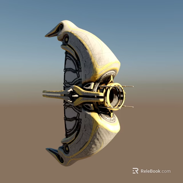 Futuristic Aircraft With Gold And Gray Structure Against Blue Desert Sky 3d model 