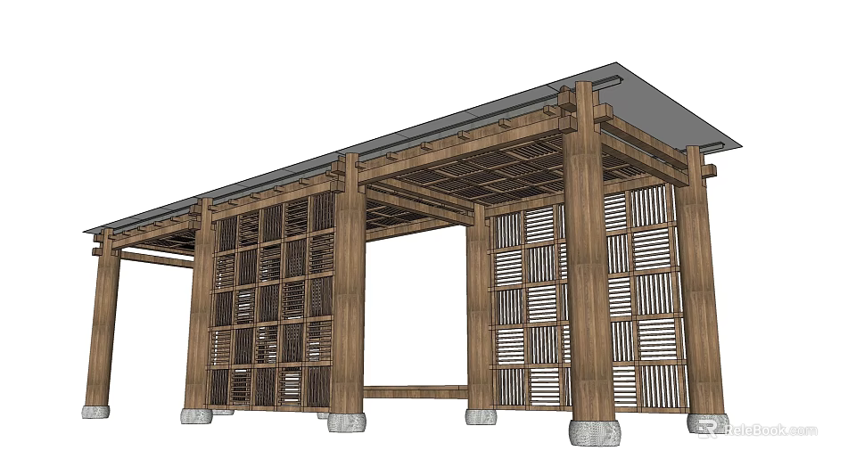 Traditional Wooden Pergola Structure With Columns Lattice Panels And Roof 3d model 