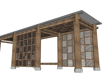 Traditional Wooden Pergola Structure With Columns Lattice Panels And Roof 3d model