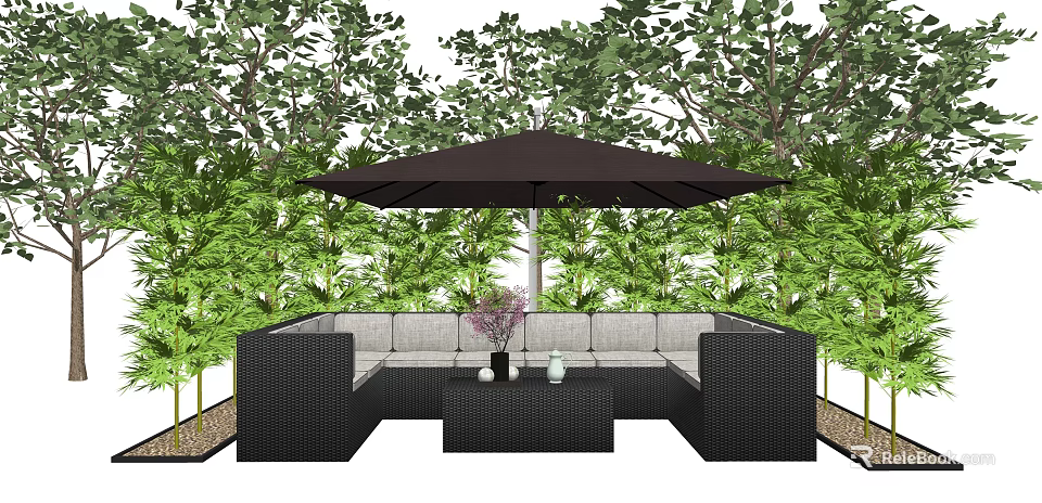 Outdoor Rattan Sectional Sofa With Brown Umbrella And Green Garden Plants 3d model 