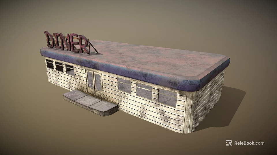 Vintage Diner Building With Weathered White Wooden Walls Dark Roof Red Sign And Windows 3d model 