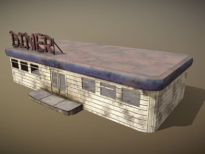 Vintage Diner Building With Weathered White Wooden Walls Dark Roof Red Sign And Windows 3d model