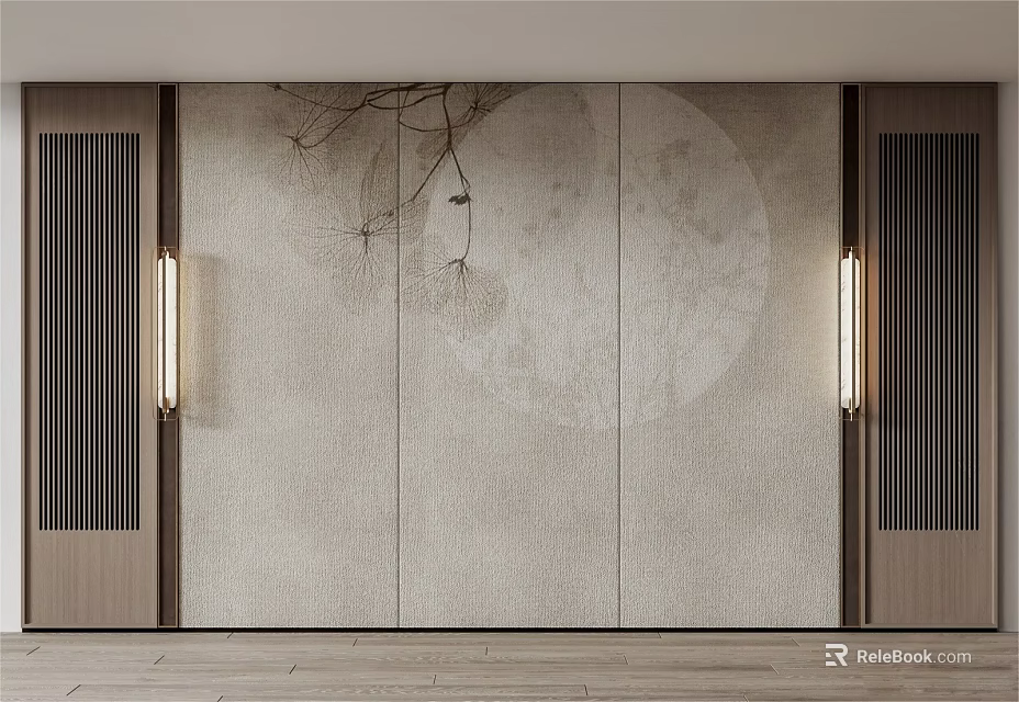 Elegant Chinese Feature Wall with Circular Moon Motif Branches Birds Wooden Panels and Warm Lighting 3d model 