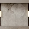 Elegant Chinese Feature Wall with Circular Moon Motif Branches Birds Wooden Panels and Warm Lighting