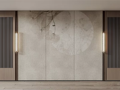 Elegant Chinese Feature Wall with Circular Moon Motif Branches Birds Wooden Panels and Warm Lighting 3d model