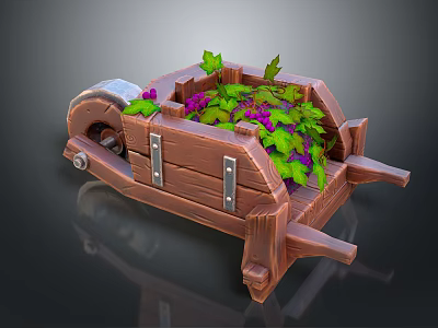 Wooden Wheelbarrow Filled With Green Vines And Purple Flowers 3d model