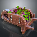 Wooden Wheelbarrow Filled With Green Vines And Purple Flowers
