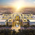 Modern Urban Aerial View Plan with Arranged Buildings Green Roofs Central Green Space and Sunset