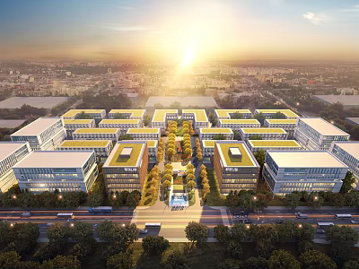 Modern Urban Aerial View Plan with Arranged Buildings Green Roofs Central Green Space and Sunset 3d model