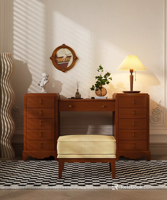 Classic Wooden Dressing Table With Drawers Upholstered Stool Round Mirror And Table Lamp 3d model 