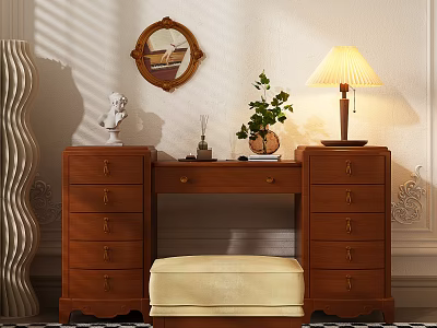 Classic Wooden Dressing Table With Drawers Upholstered Stool Round Mirror And Table Lamp 3d model