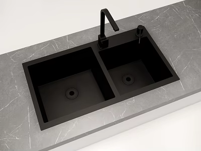 Black Double Bowl Kitchen Sink with Modern Faucet on Grey Marble Countertop 3d model